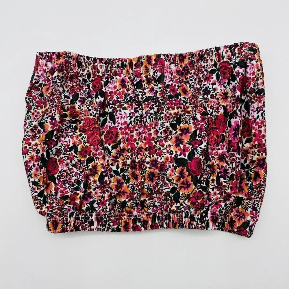 Topshop Womens Size 4 US Cotton Cropped Floral Print Bandeau Top Pink Multi 1711